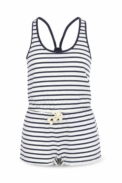 Front view of internationale women’s white striped playsuit one-piece, size UK 8