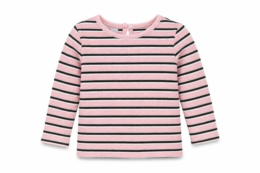 Front view of Primark Baby Pink Striped Basic T-Shirt, size 3-6, Months