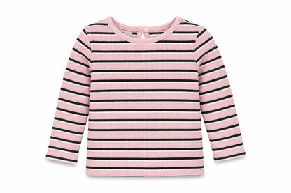 Front view of Primark Baby Pink Striped Basic T-Shirt, size 3-6, Months