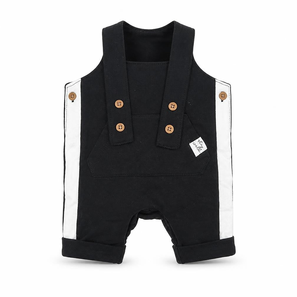 Front view of F&F boys’ black dungaree one-piece, size 0-3, months