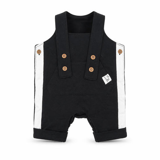 Front view of F&F boys’ black dungaree one-piece, size 0-3, months