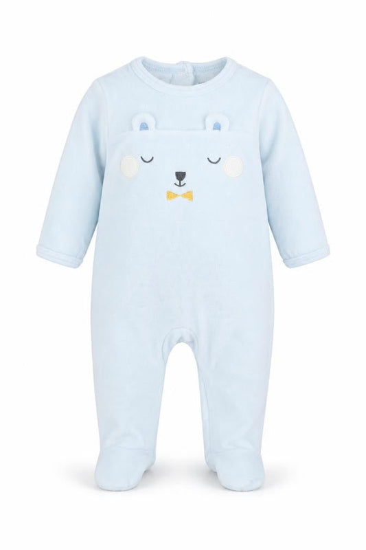 Front view of Vertbaudet boys’ blue babygrow one-piece, size 0-3, months - bear