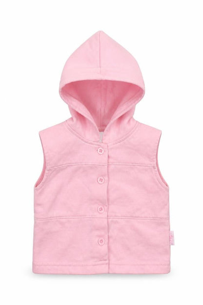 Front view of Mini Chic girls’ pink gilet jacket, size 0-3, months