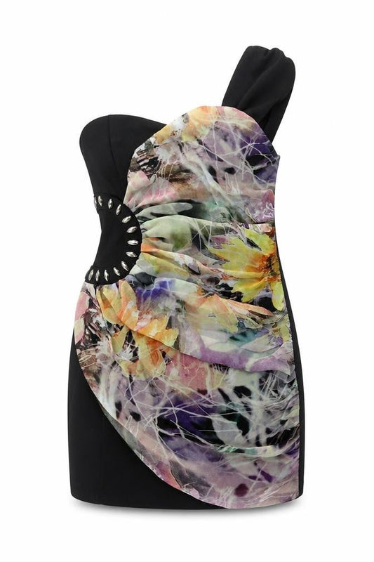 Front view of IZABEL women’s black mini, size L, - abstract design