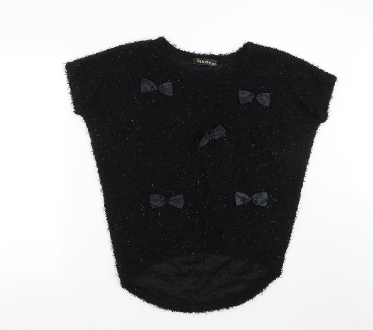 Additional front view of MODO women’s black jumper, size UK 10, - bow detail