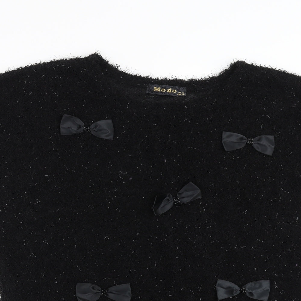 Close-up detail of MODO women’s black jumper, size UK 10, - bow detail