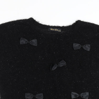 Close-up detail of MODO women’s black jumper, size UK 10, - bow detail