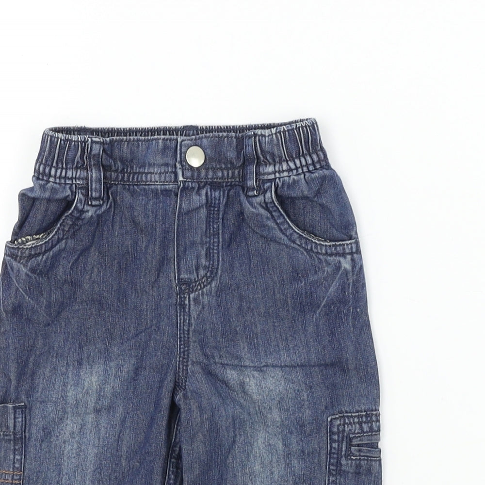 Close-up detail of Cherokee boys’ blue trousers, size 3-6, months