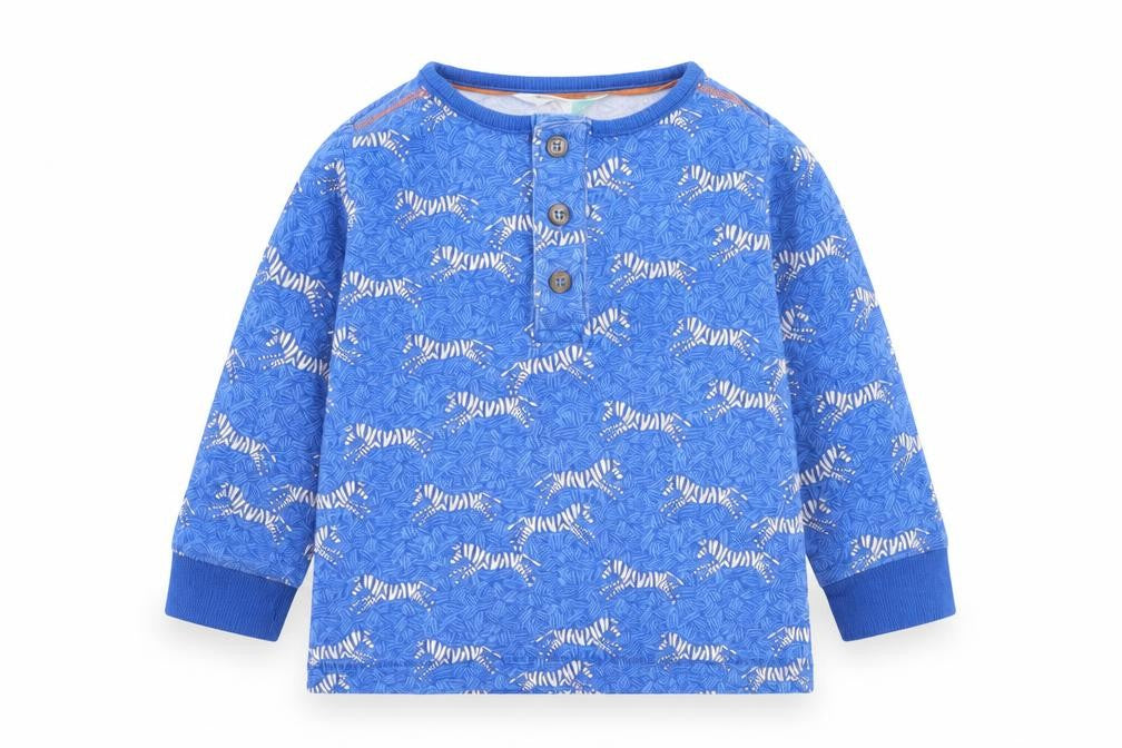 Front view of John Lewis Baby Blue Animal Print Basic T-Shirt, size 6-9, Months - Zebra