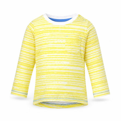 Front view of Mothercare Baby Yellow Striped Basic T-Shirt, size 9-12, Months