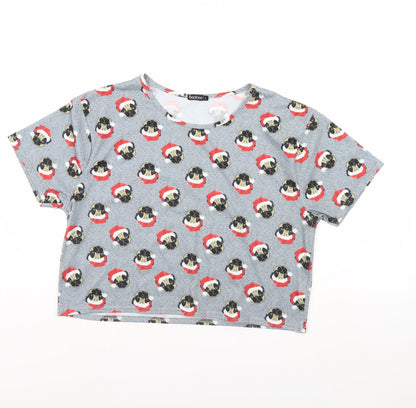 Boohoo Womens Grey Animal Print  Cropped T-Shirt Size L  - pug