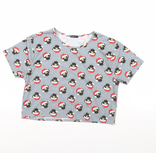 Boohoo Womens Grey Animal Print  Cropped T-Shirt Size L  - pug