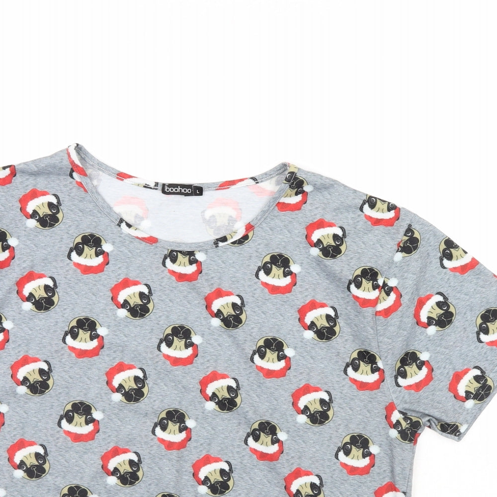 Boohoo Womens Grey Animal Print  Cropped T-Shirt Size L  - pug