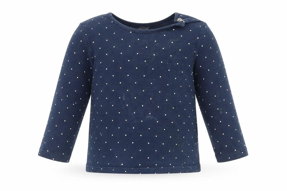 Front view of H&M boys’ blue polka dot jumper, size 12-18, months