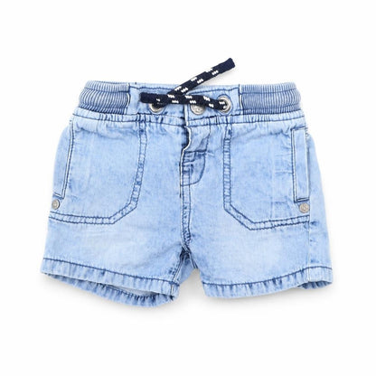Front view of F&F boys’ blue denim cropped jeans, size 3-6, months