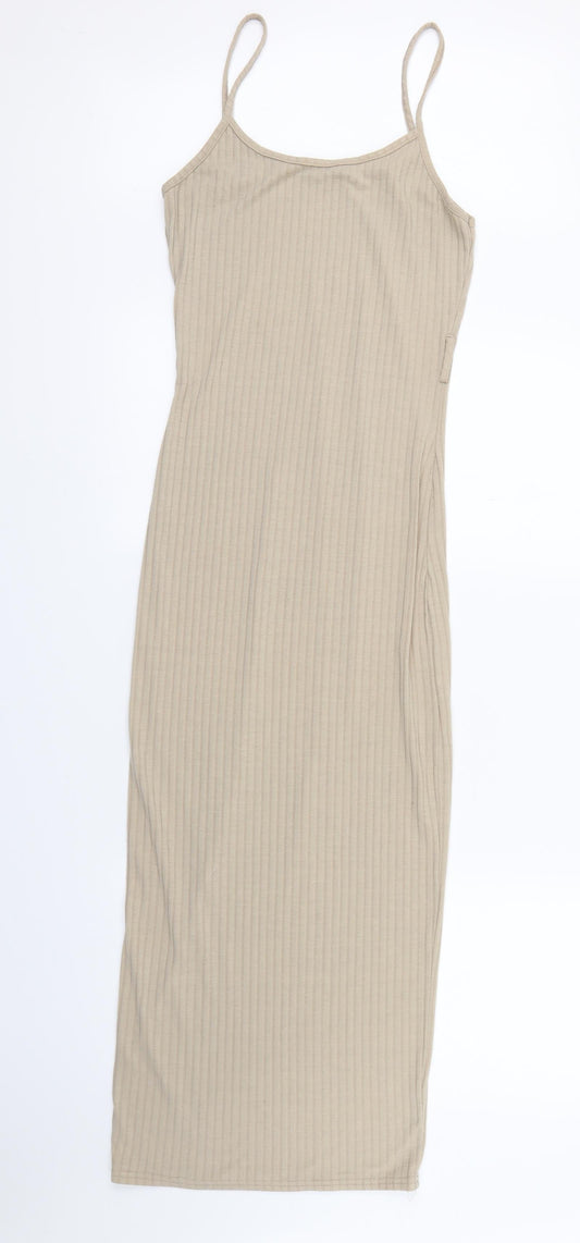 Front view of MISS GUIDED women’s brown striped maxi - no belt