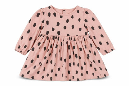 Front view of Marks & Spencer girls’ pink polka dot a-line, size 6-9, months