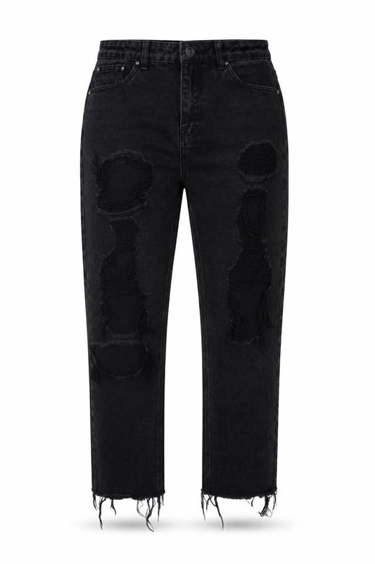 Front view of Missguided women’s black straight jeans, size UK 12, 24-inch leg