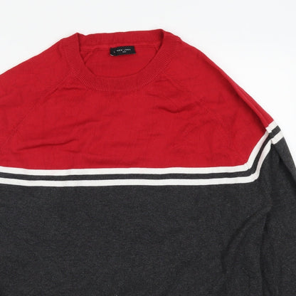 New Look Mens Red Striped Knit Pullover Jumper Size L  - Grey