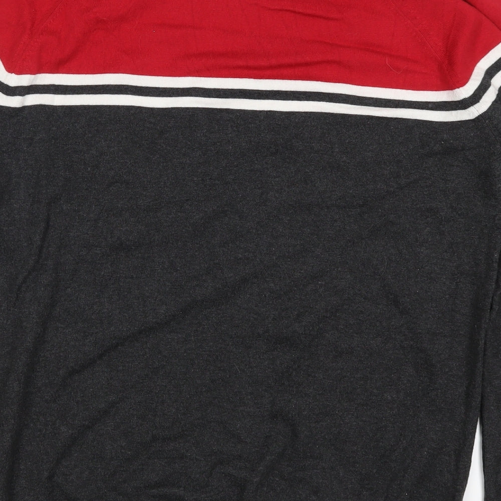 New Look Mens Red Striped Knit Pullover Jumper Size L  - Grey
