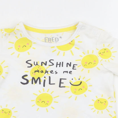 Close-up detail of F&F boys’ white basic t-shirt, size 9-12, months - sun print