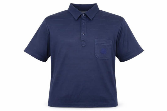 Front view of canda men’s blue striped polo, size S