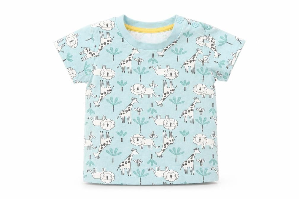 Front view of Matalan girls’ blue animal print basic t-shirt, size 3-6, months