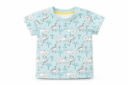 Front view of Matalan girls’ blue animal print basic t-shirt, size 3-6, months