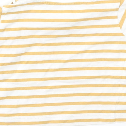 Brand and care label for Matalan boys’ brown striped basic t-shirt, size 3-6, months