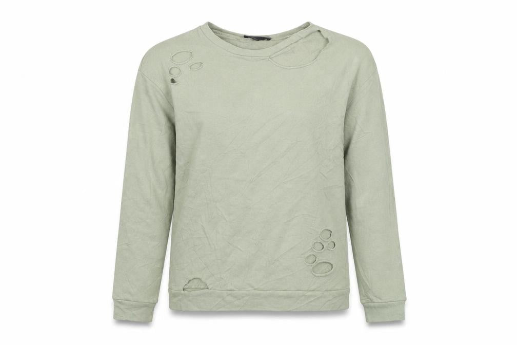 Front view of Atmosphere women’s green pullover sweatshirt, size UK 8, - distressed