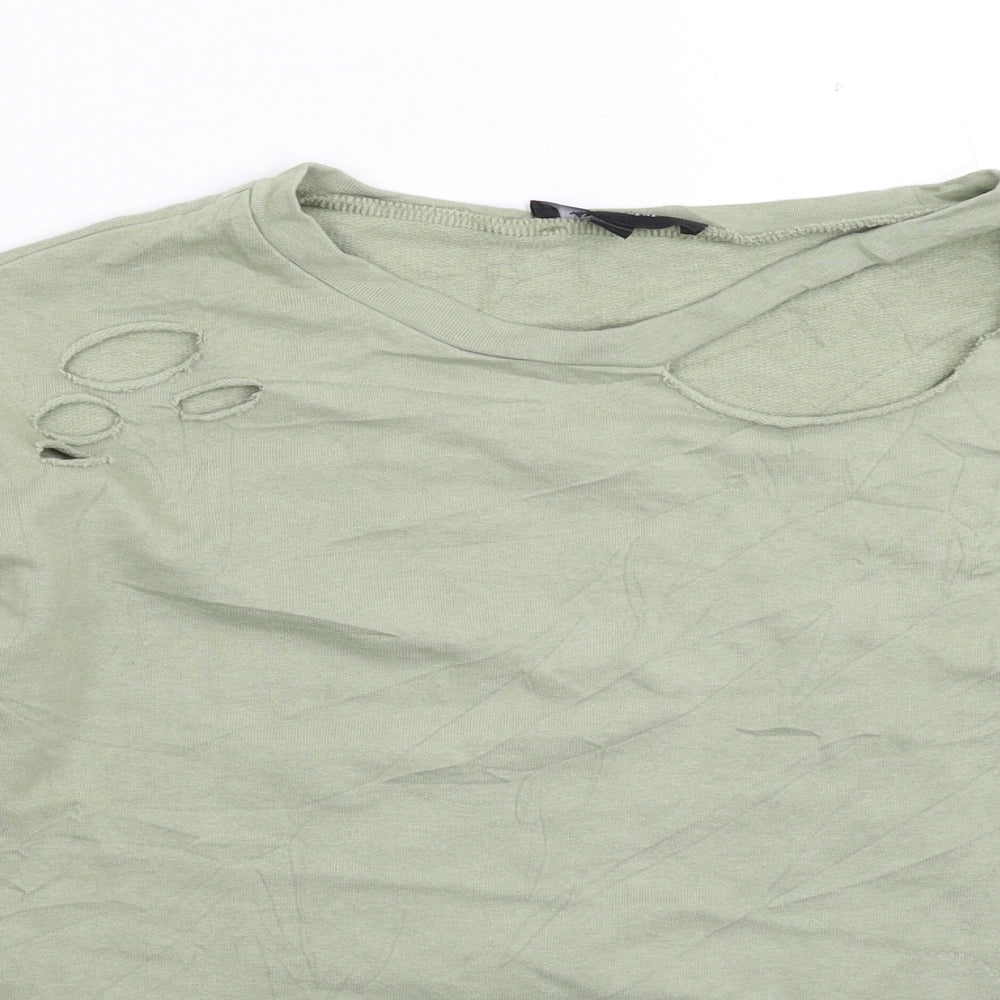 Close-up detail of Atmosphere women’s green pullover sweatshirt, size UK 8, - distressed