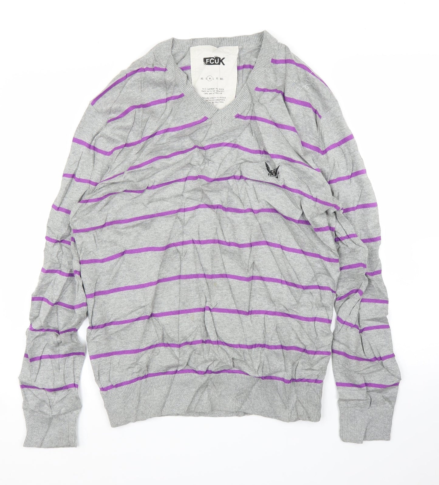 FCUK Mens Grey Striped  Pullover Jumper Size M