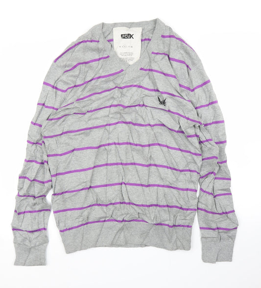 FCUK Mens Grey Striped  Pullover Jumper Size M