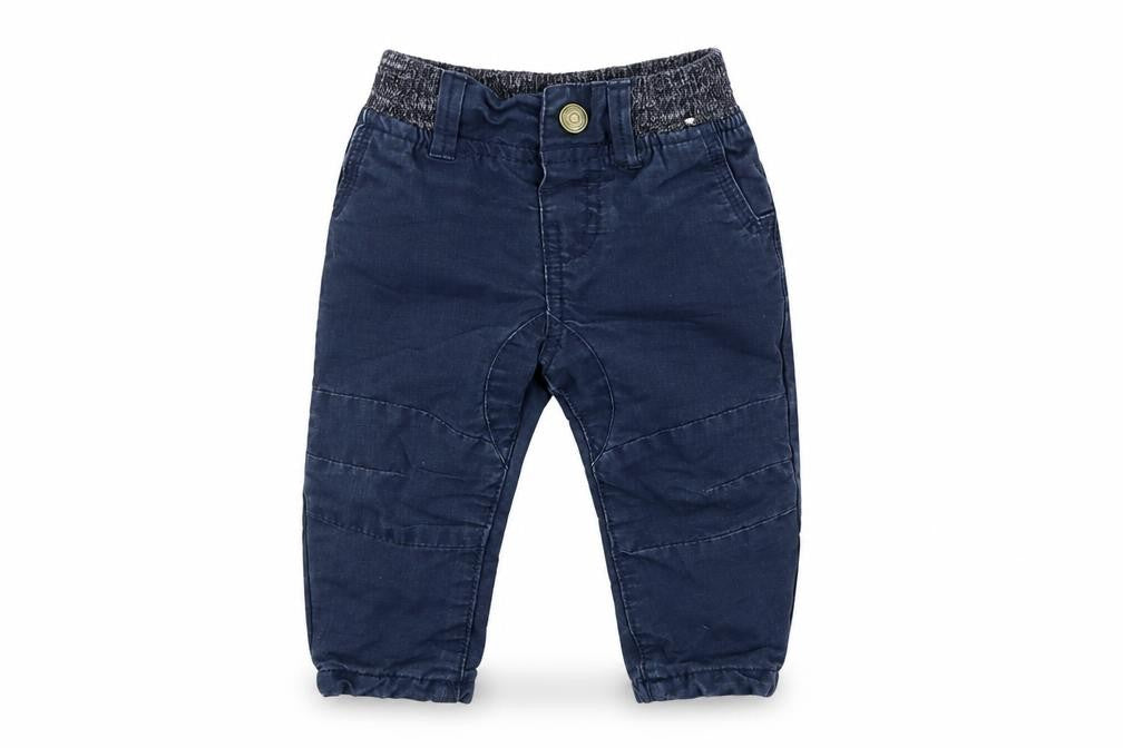 Front view of denim co boys’ blue cargo trousers, size 6-9, months