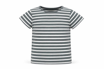 Front view of Tu boys’ grey striped basic t-shirt, size 9-12, months