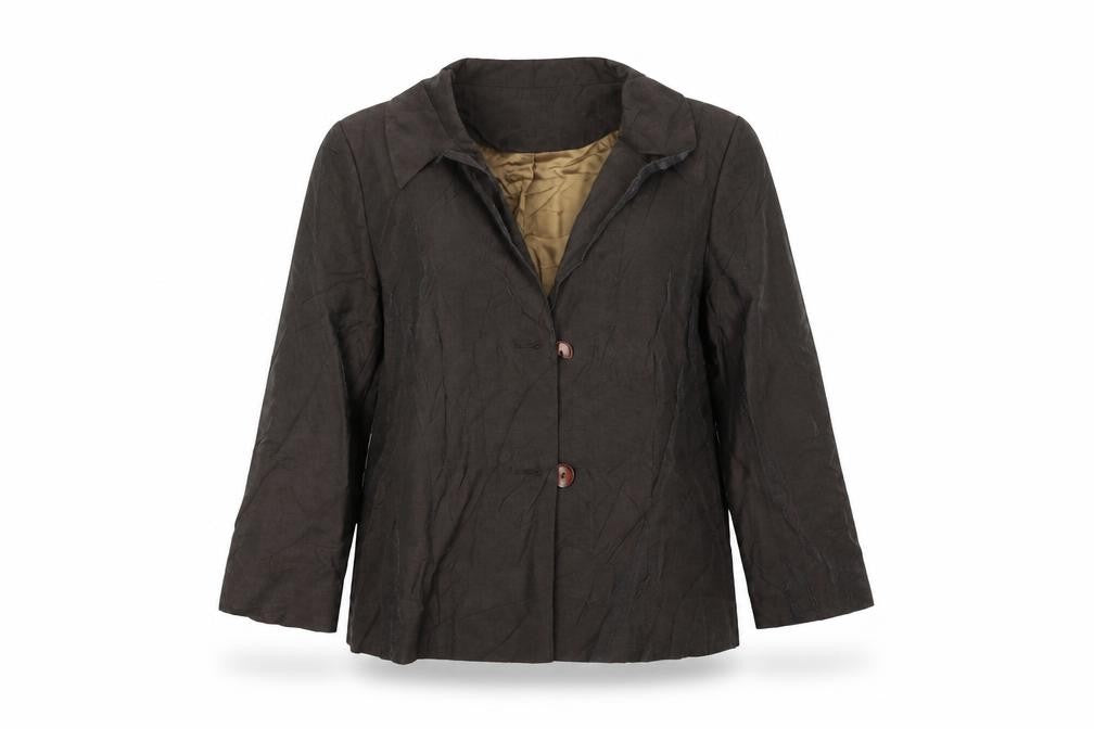 Front view of county casual women’s brown jacket blazer, size UK 14, - broken button