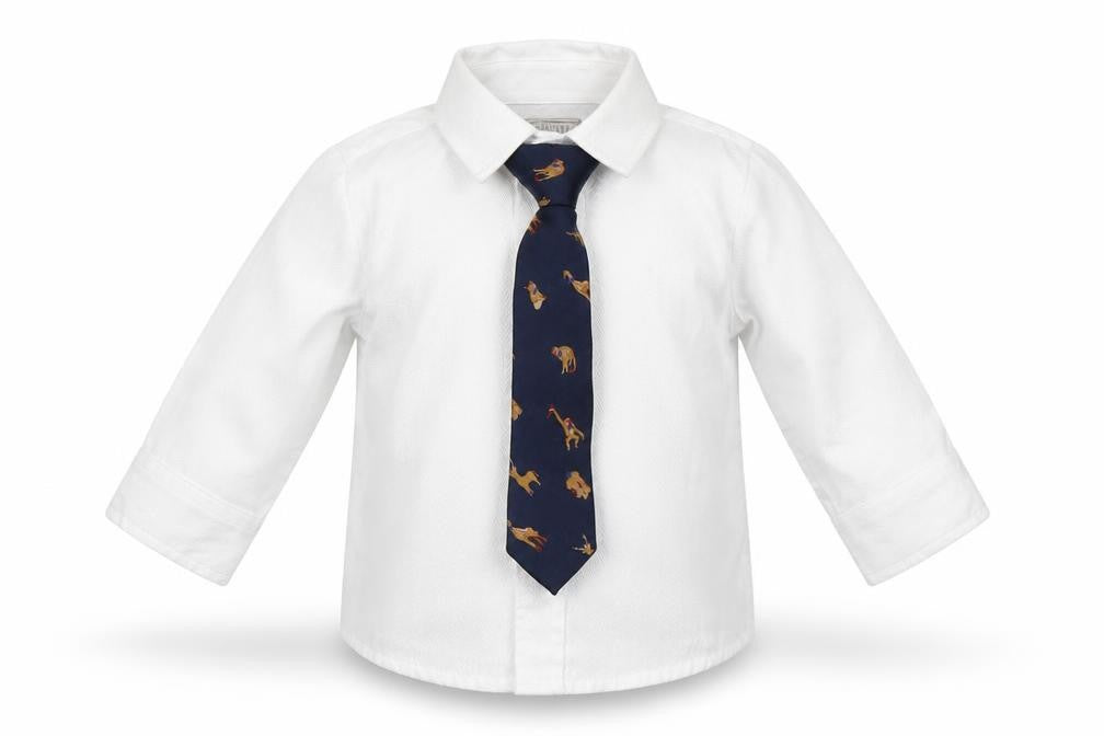 Front view of Monsoon boys’ white basic button-up, size 6-9, months