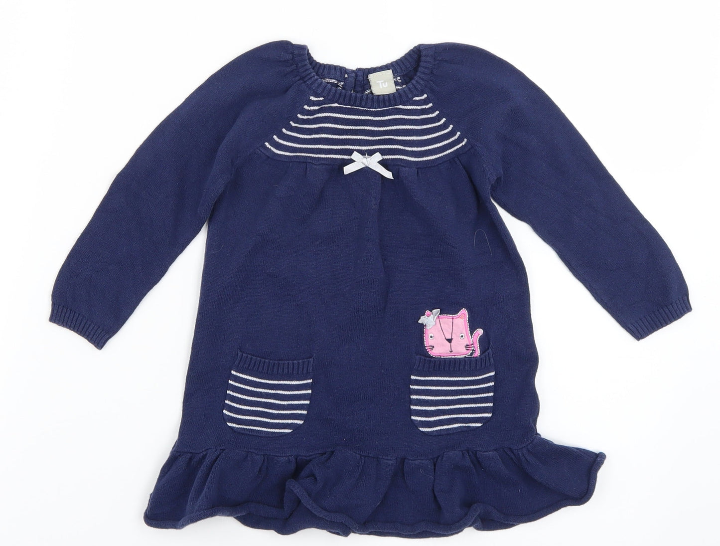 TU Girls Blue Striped Knit Jumper Dress  Size 6-9 Months