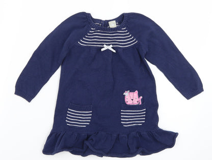 TU Girls Blue Striped Knit Jumper Dress  Size 6-9 Months