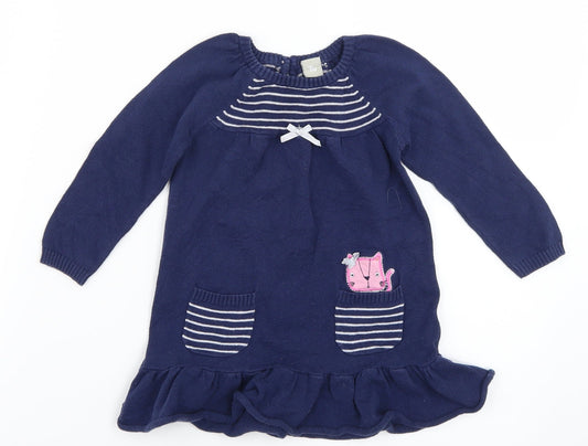 TU Girls Blue Striped Knit Jumper Dress  Size 6-9 Months
