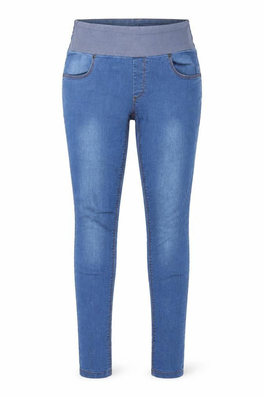 Front view of Evie women’s blue denim jegging jeans, size UK 8, 28-inch leg
