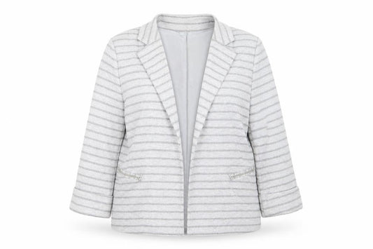 Front view of Principles women’s grey striped jacket blazer, size UK 16