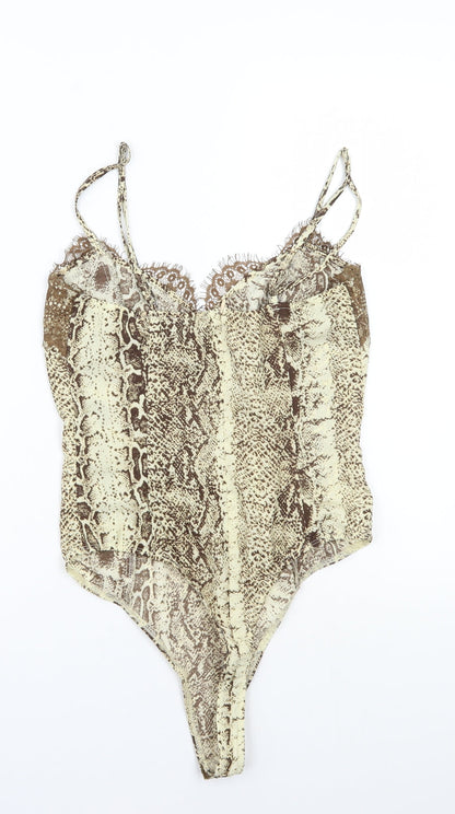 PRETTYLITTLETHING Womens Beige Animal Print  Bodysuit One-Piece Size 8