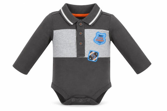 Front view of Nutmeg boys’ grey babygrow one-piece, size 0-3, months - fun champ