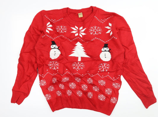 Oak Valley Mens Red Geometric Knit Pullover Jumper Size L  - Snowman