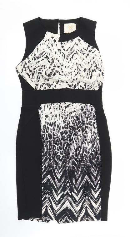Lipsy Womens Black Herringbone  Sheath  Size 14  - Leopard print