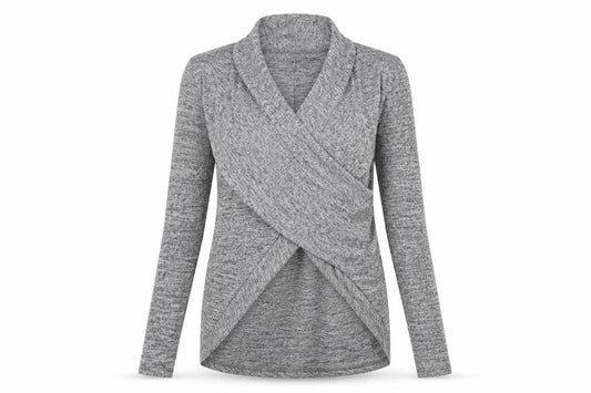 Front view of izabel women’s grey wrap jumper, size UK 10