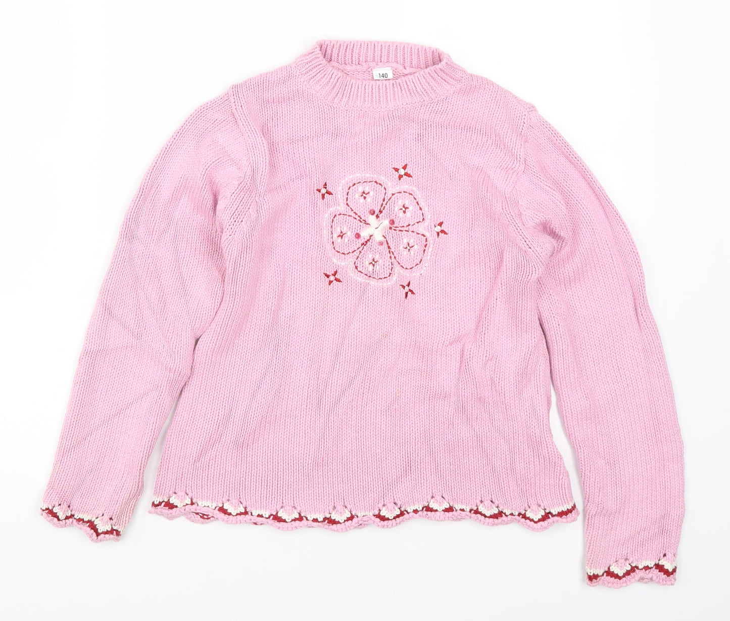 Preworn Girls Pink  Knit Pullover Jumper Size 10 Years  - Flower