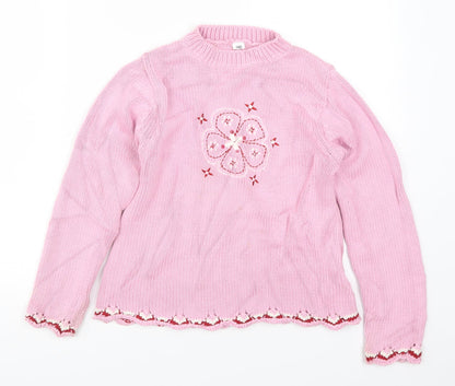 Preworn Girls Pink  Knit Pullover Jumper Size 10 Years  - Flower