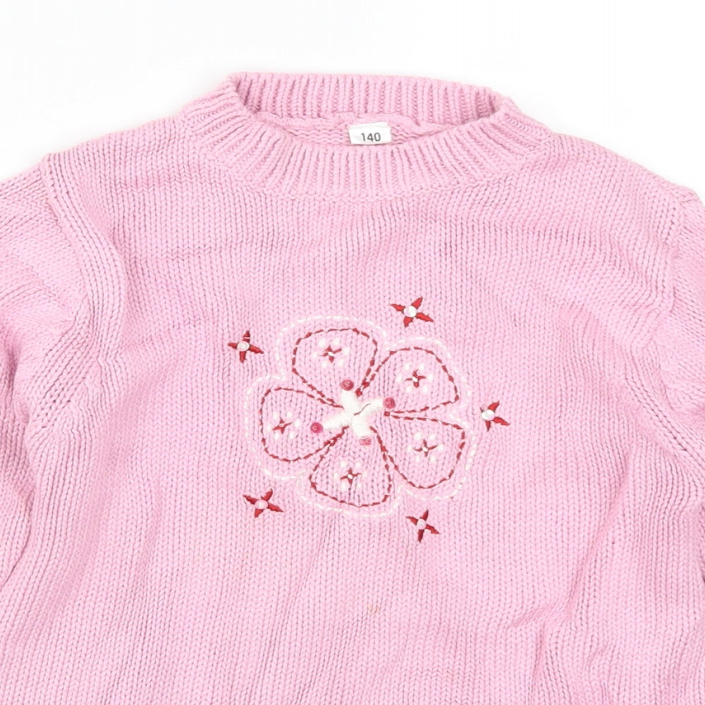 Preworn Girls Pink  Knit Pullover Jumper Size 10 Years  - Flower